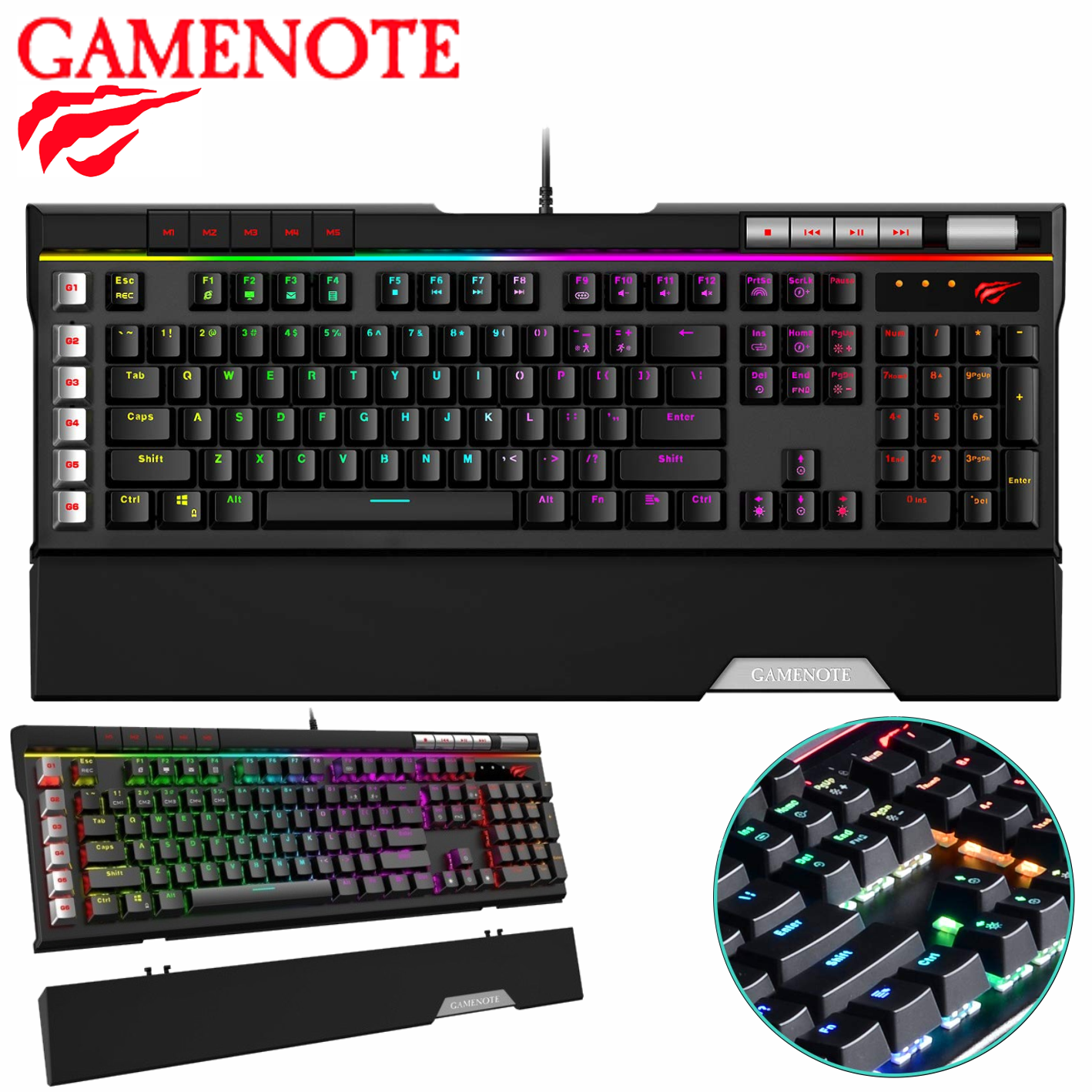 Teclado mecanico Gamenote KB462L con soporte para muñeca, retroiluminado RGB