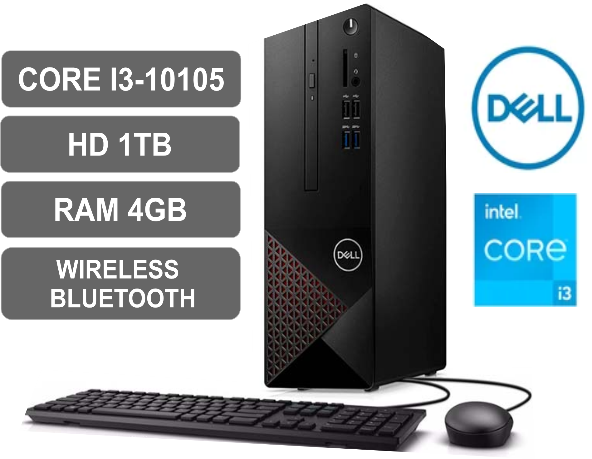 Computadora DELL Vostro 3681, Intel Core i3-10100 3.60 / 4.30GHz, 4GB DDR4, 1TB SATA, Video Intel UHD Graphics 630, LAN GbE, WLAN 802.11ac 1x1, Bluetooth, Teclado + Mouse.