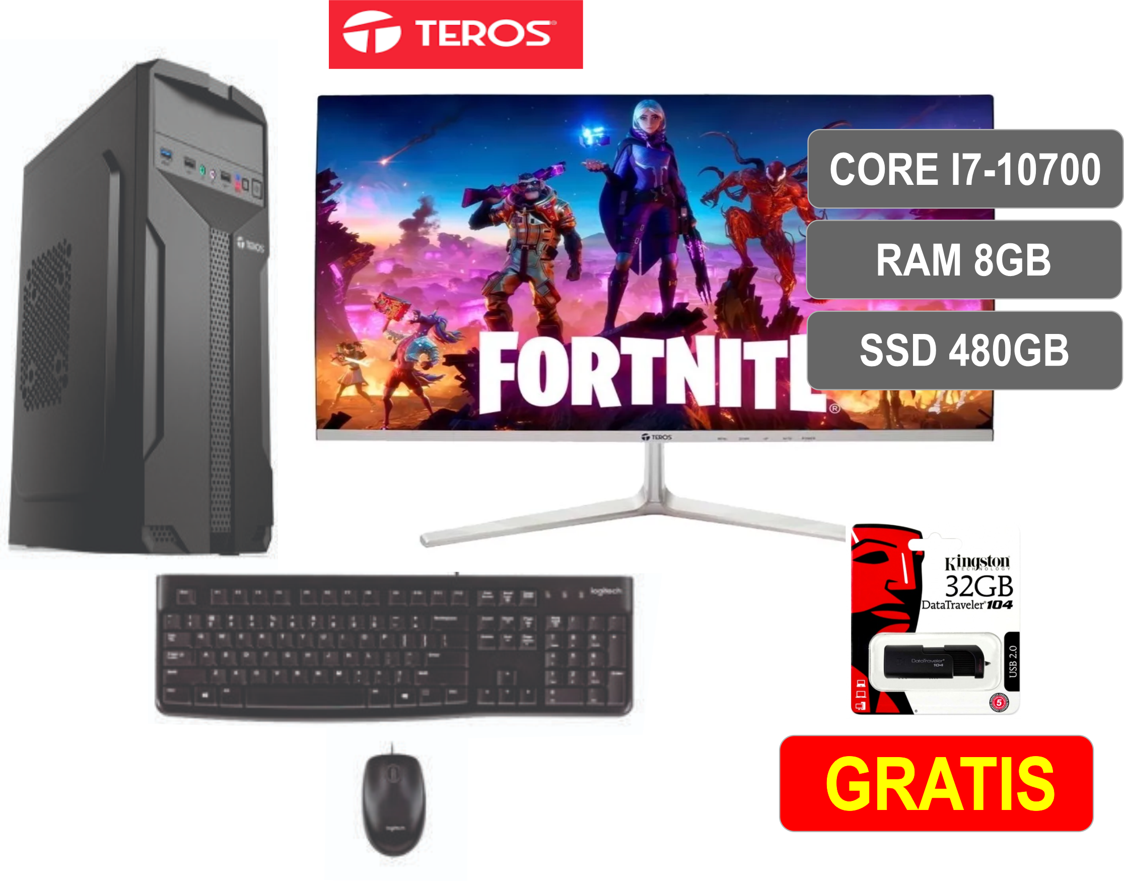  COMPUTADORA TEROS Intel CORE I7-10700 10G, RAM 8GB DDR4, Disco solido SSD 480GB M2, Fuente de poder ATX-600W, TEROS 24