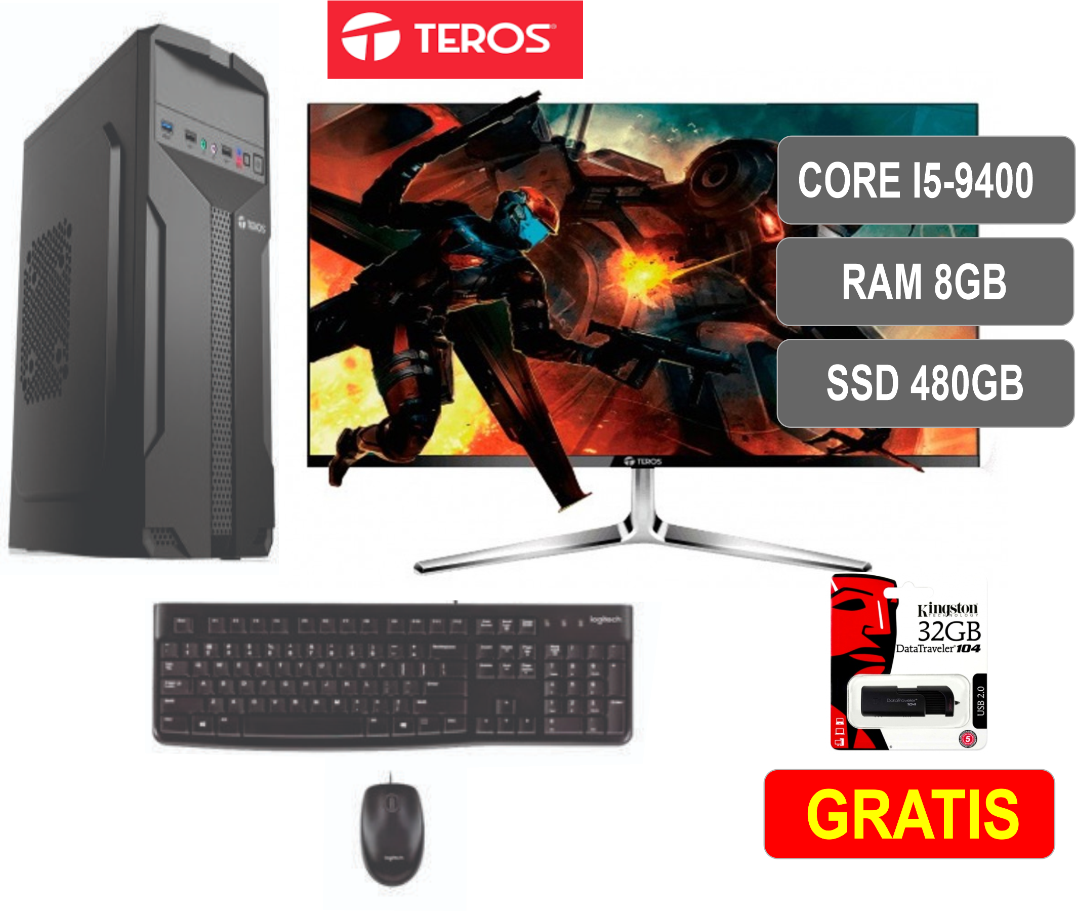  COMPUTADORA TEROS Intel CORE I5-9400m 9G,RAM 8GB DDR4, Disco solido SSD 480GB M2, Fuente de poder ATX-600W, TEROS 24
