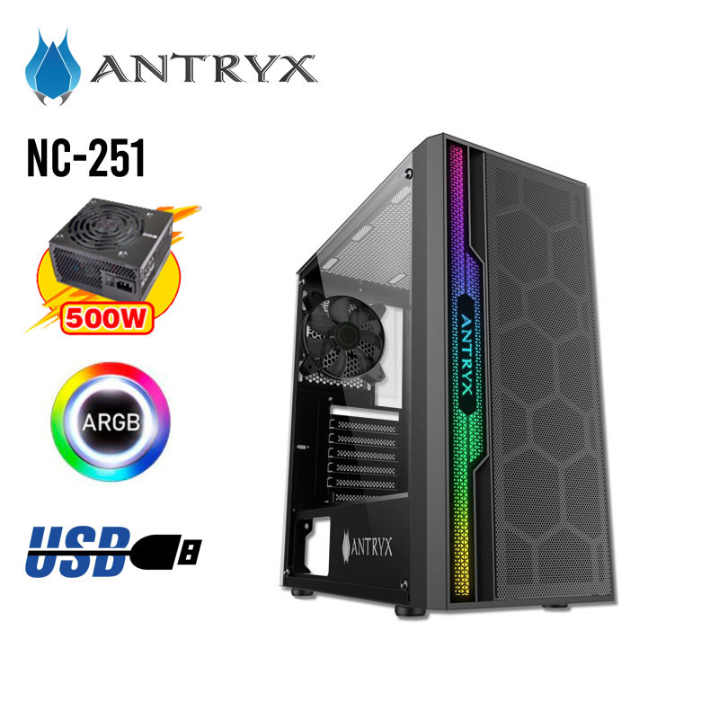 CASE ANTRYX C/FUENTE W XTREME NC-251 C/CINTA LED VIDRIO
